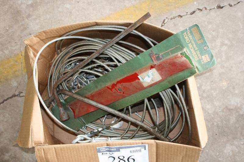 lot 286 image: Box Lot Including Toro 19 Lawn Mower Blade Miscellaneous Electrical WireCord.