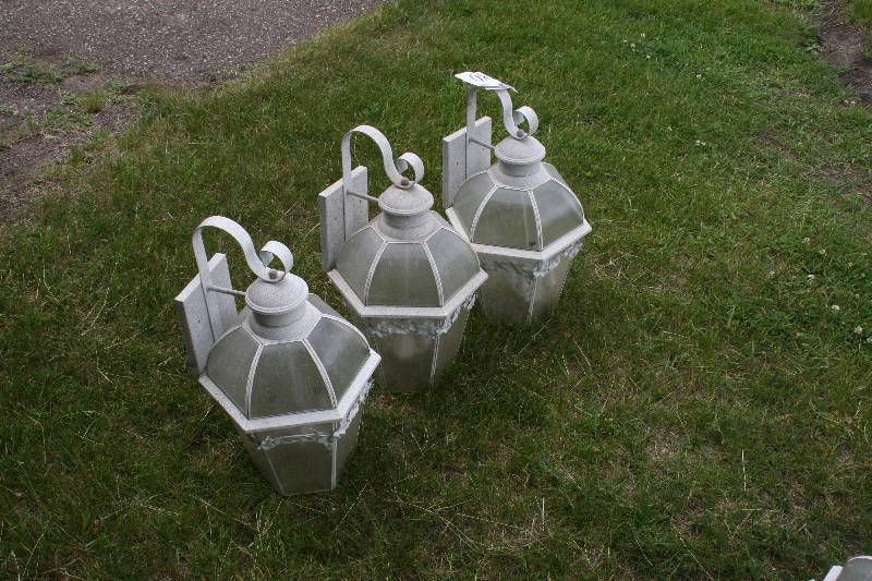 lot 280 image: Lot of (3) Exterior Lighting Fixtures wMetal Housing & Glass Shades Mounts wWiring.
