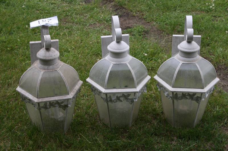 lot 281 image: Lot of (3) Exterior Lighting Fixtures wMetal Housing & Glass Shades Mounts wWiring.