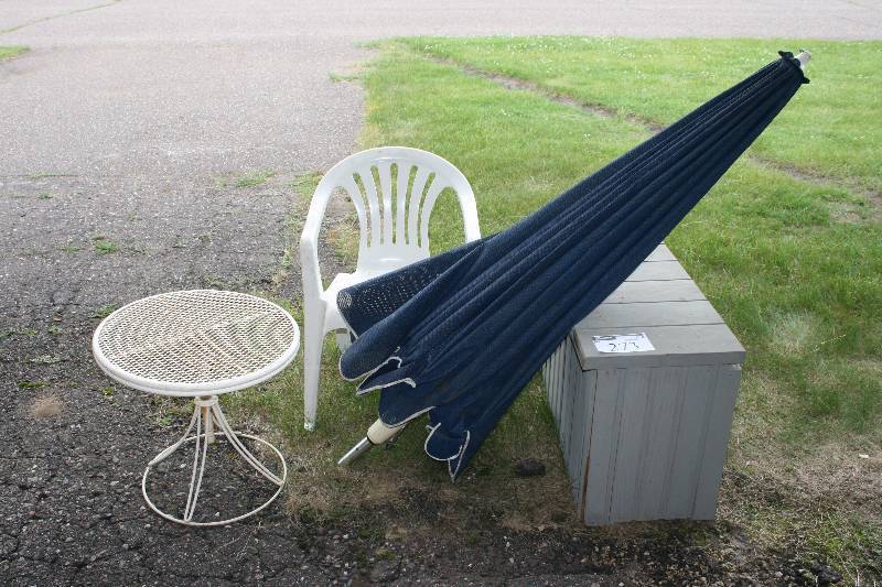 lot 273 image: Lot of (4) Including Patio Umbrella Patio Chair Patio Table Storage Box wLid.