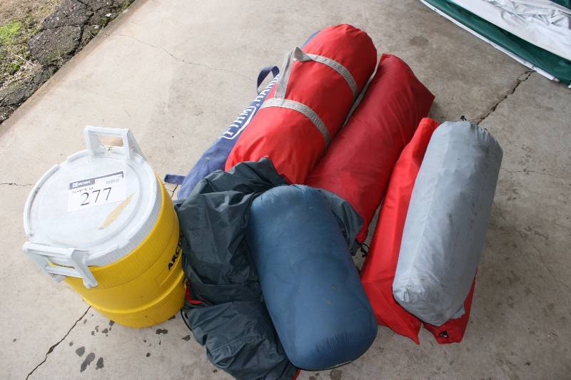 lot 277 image: Camping Lot Including Water Cooler Tents Sleeping Bags And More.