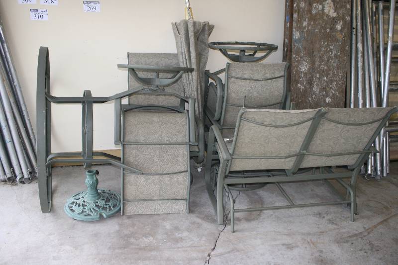 lot 269 image: Patio Furniture Lot Including Chairs (4) Bench Umbrella Stand Tables (2) Umbrella.