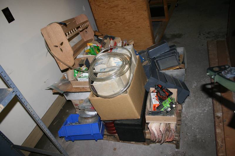 lot 196 image: Pallet Lot Including Miscellaneous Hardware Plastic Bins Plastic Cover And More.