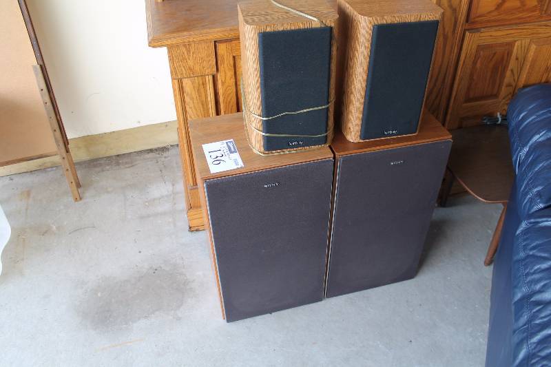 lot 136 image: Lot of (4) Sony Speakers wWood Style Boxes & Front Covers 14.5 x 12.5 x 23 (2) 9 x 8 x 14 (2).