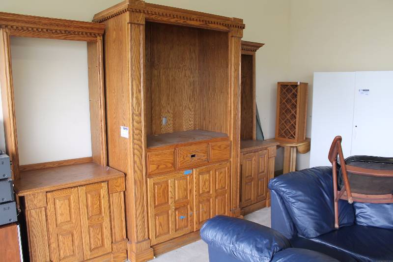 lot 12 image: Sectional Wooden TV Stand wSide Shelves Multiple Drawers & Lower Cabinet Slide Out Drawers 55 x 27 x 86 (2) 54 x 29 x 92.