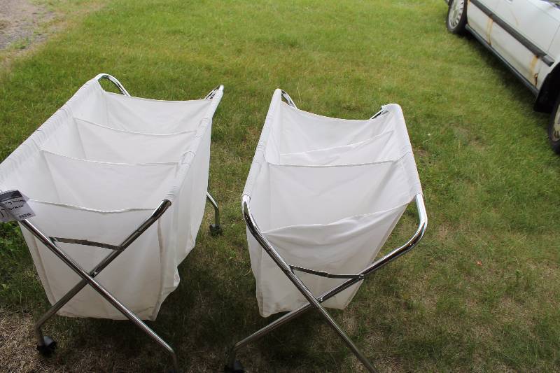 lot 17 image: Lot of (2) Laundry Baskets wMetal Frames & Wheels Foldable White Sectional 36 x 36 x 20.