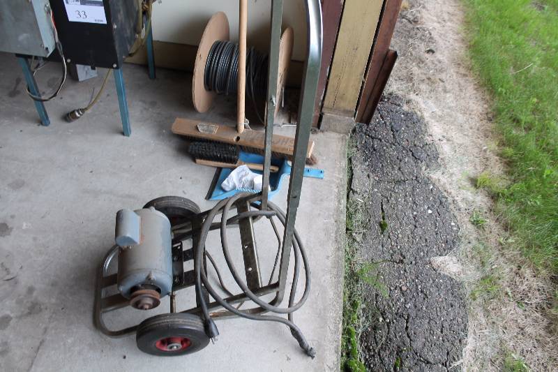 lot 32 image: Metal Cart wWheels & Dayton Capacitor-Start General Purpose Motor - 5K923 Attached WCord Untested.