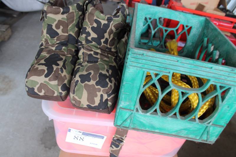 lot 88 image: Hunting Apparel Lot Including XL Hunting Jacket Ice Breaker M Camoflauge Boots And More.
