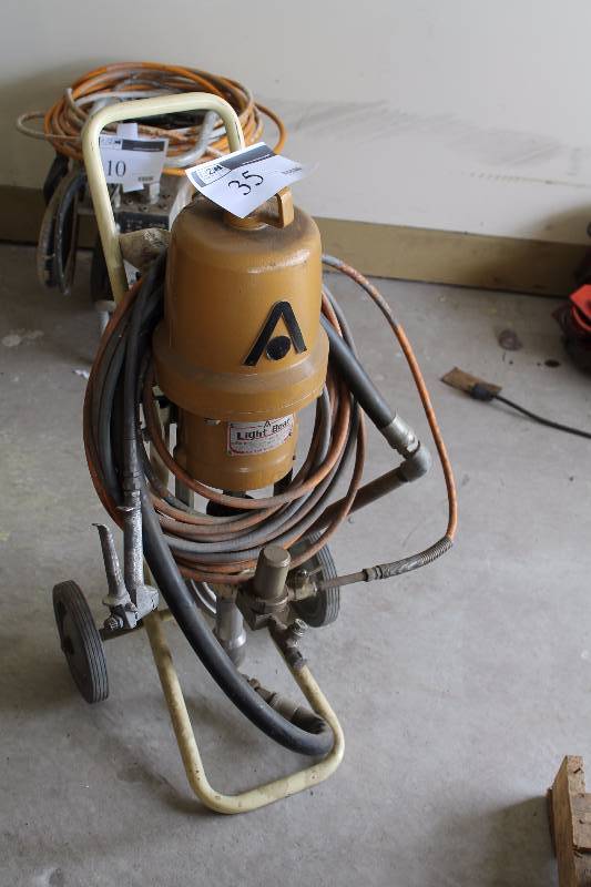 lot 35 image: Light Bear Air Compressor wRolling Cart & Hoses Model AP1628 Pressure Ratio 130 MFG No. 24 35.
