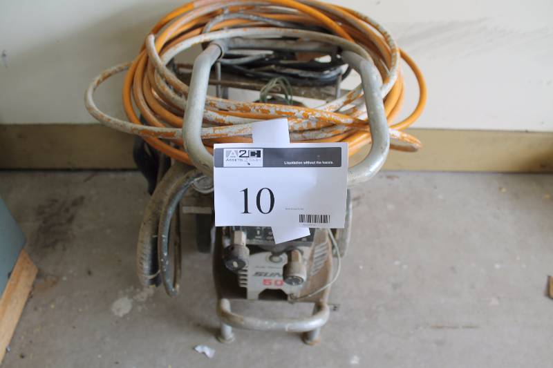 lot 10 image: Sun Q 50 Asaki Motor Airless Paint Sprayer wHoses & Rolling Cart.