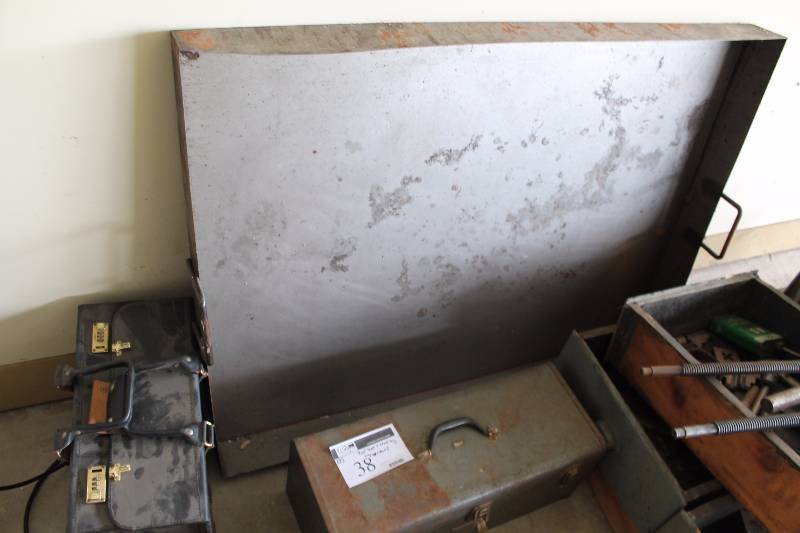 lot 38 image: Lot of (2) Including Metal Tool Box Steel Tray, 38 x 46 x 5 Includes Contents Metal Clamps Hammers  Ratchet Ends And More.