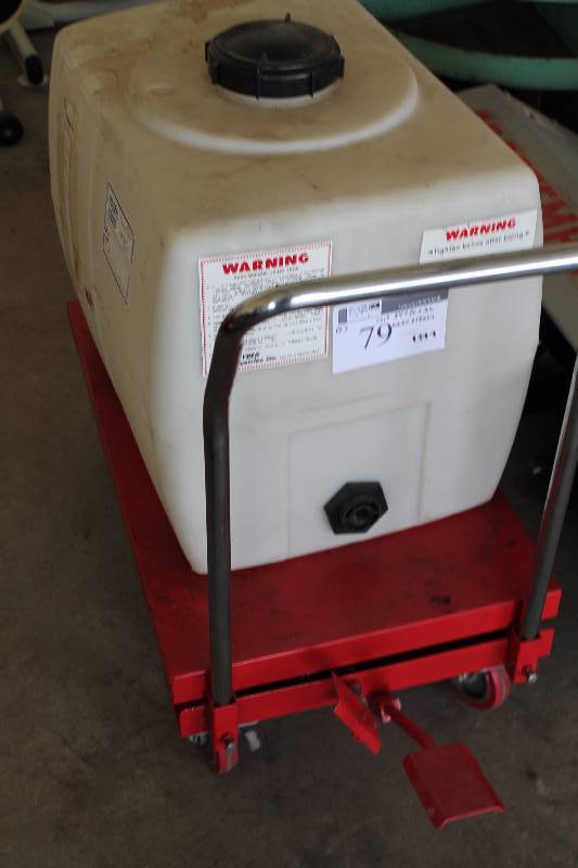 lot 79 image: Lot of (2) Including Metal Cart wWheels & Push Handle, 34 x 20 x 36 Plastic Reservoir wLid, 24 x 18 x 24.