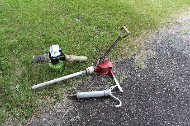 lot 76 image: Lot of (3) Including Lubricant Pump Powered Bug Fogger Pump wShovel Handle.