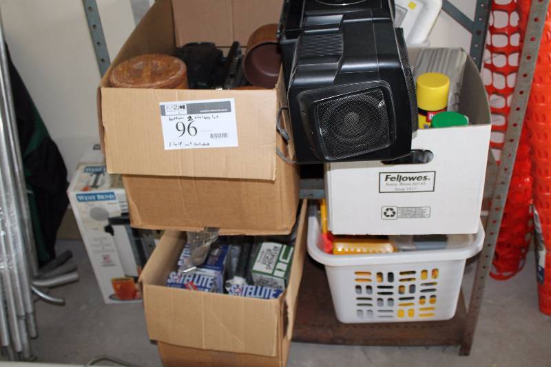 lot 96 image: Shelving Lot Including Tub Of Plastic Toys Radio Schlage Door Handle Wooden Buckets And More Only Includes Bottom 2 Shelves Shelf Not Included.