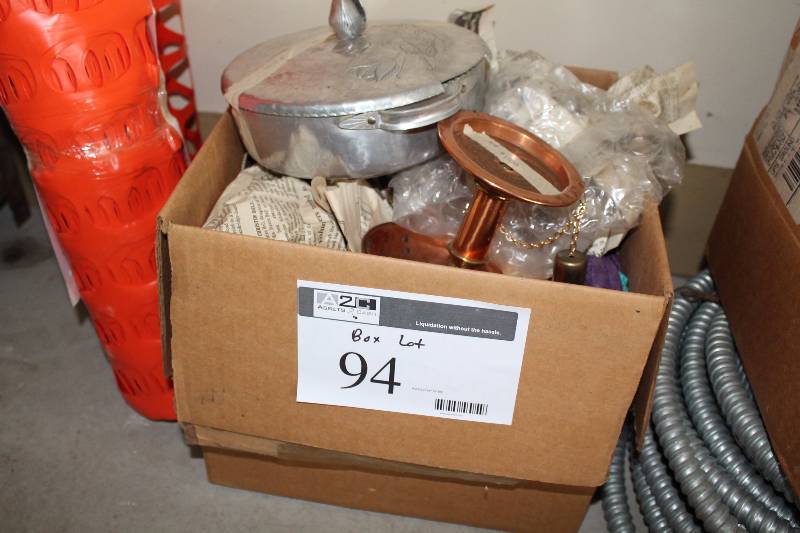 lot 94 image: Box Lot Including Metal Dish Cups Mugs And More.
