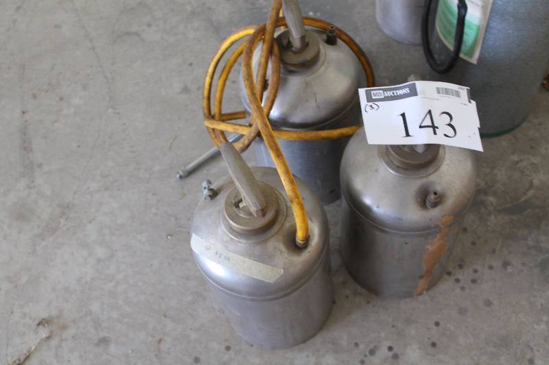lot 143 image: Lot of (3) Metal Sprayer Canisters wPump Handles & Hoses.
