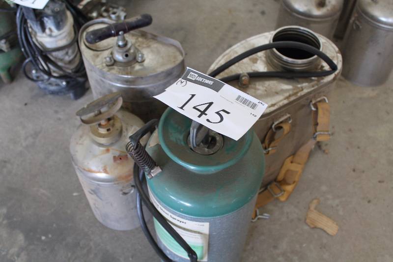 lot 145 image: Lot of (4) Metal Sprayer Canisters wPump Handles & Hoses.