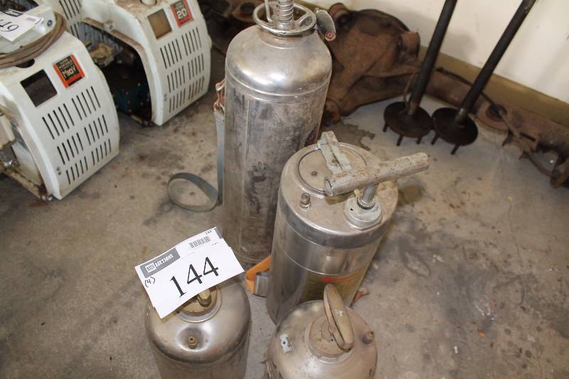 lot 144 image: Lot of (4) Metal Sprayer Canisters wPump Handles & Hoses.
