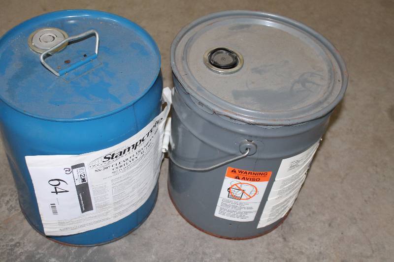 lot 64 image: Bucket Lot of (2) Including Stampcrete SS-207 Clear Ultra Sheen 3000 Certi-Vex AC1315 TK-00 Solvent For Cleanup Of Tools And Sprayer Storage.