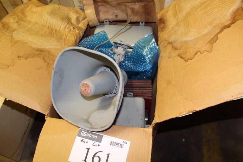 lot 161 image: Box Lot Including PA SpeakerSirenHorn  Metal Box wHanging Brackets Pads And More.