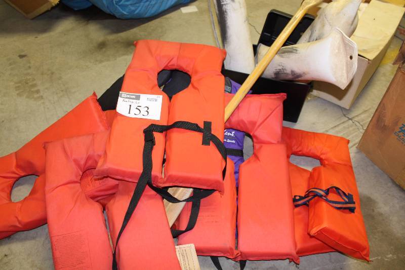 lot 153 image: Boating Lot Including Life Vests Floatation Devices Wooden Oar And More.