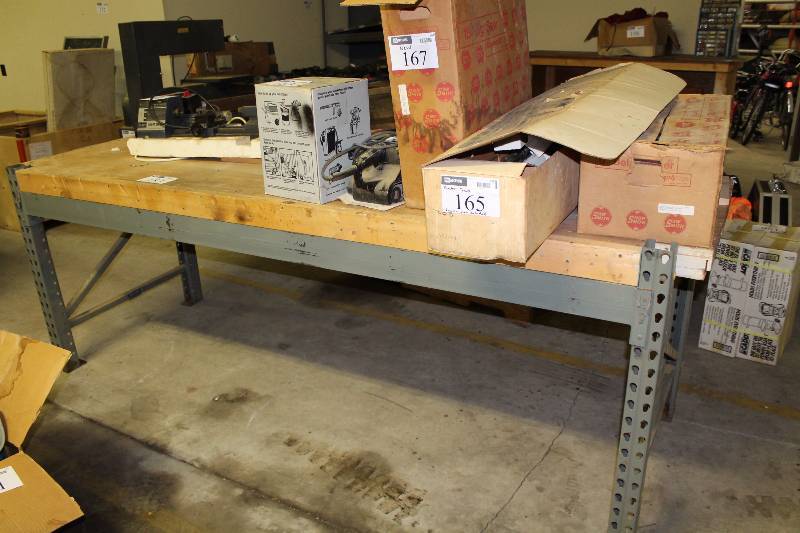 lot 183 image: Metal Table wWooden Insert Adjustable 107 x 40 x 42 Contents Not Included.