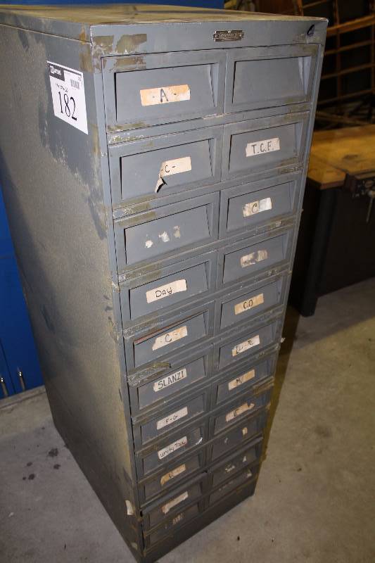 lot 182 image: Organizational Shelving Unit wDrawers & Label Inserts 19 x 28 x 60.