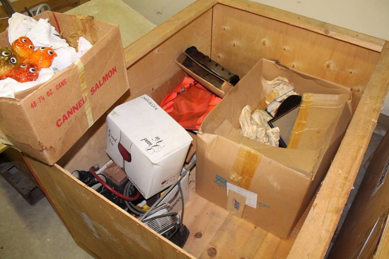 lot 170 image: Box Lot Including Leather Work Boots Wooden Block Hose Owl Candle And More.