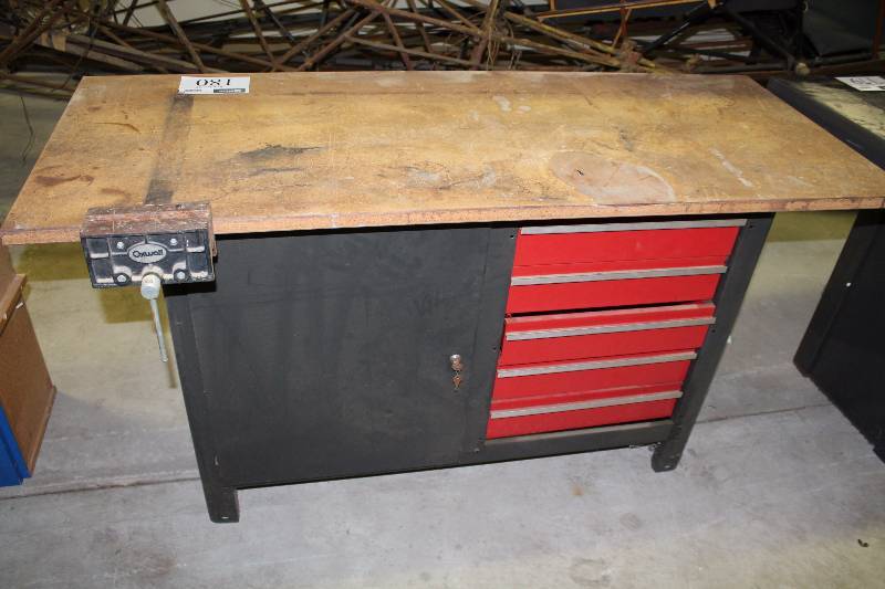 lot 180 image: Metal Work Table wWooden Work Top, Locking Cabinet & Drawers 60 x 24 x 34 Includes Keys.