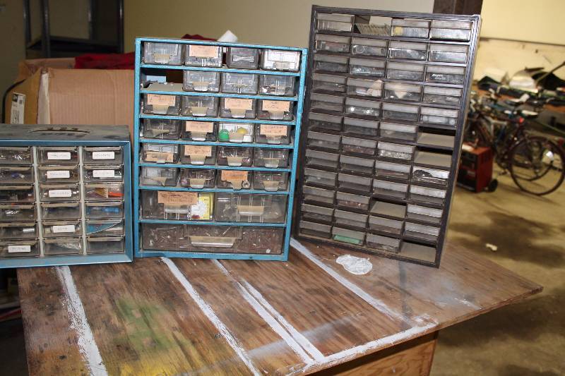 lot 199 image: Lot of (3) Organizational Shelving Units wPlastic Divided Drawers 10 x 7 x 10 6 x 12 x 17 7 x 13 x20.