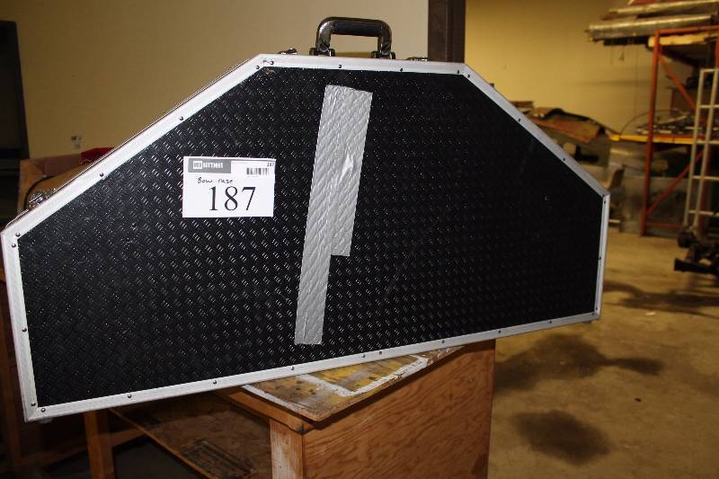 lot 187 image: Hunting Bow Case wBlack Metal Exterior & Aluminum Brackets Holding Straps Carrying Handle.