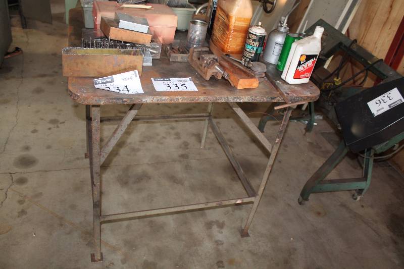 lot 335 image: Metal Table wWooden Top Contents Not Included 36 x 36 x 35.5.