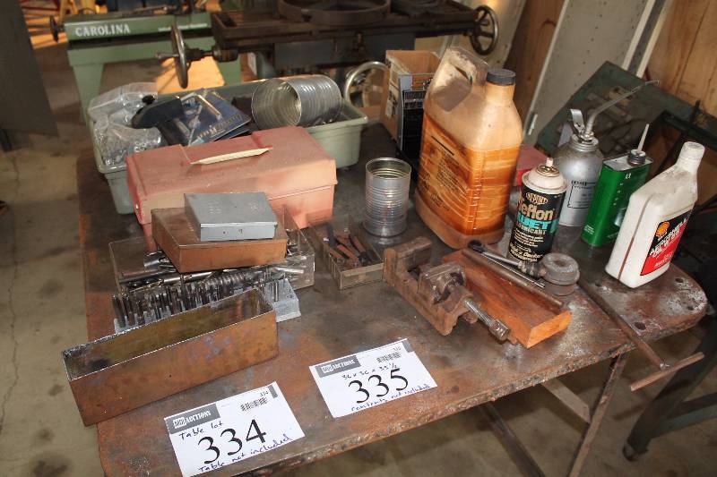 lot 334 image: Table Lot Including Miscellaneous Drill Bits Cleaning Products Metal Hardware Plastic Containers And More.