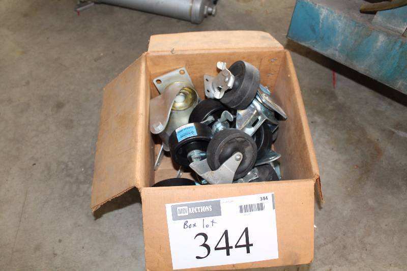 lot 344 image: Box Lot of Wheel Casters wMetal Brackets & Plastic Wheels.