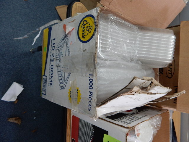Styrofoam coffee cups, plastic tray covers
