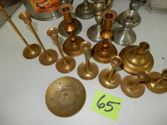 10 Brass Candle Sticks, 6 Pewter Candle Sticks, 1 small brass plate