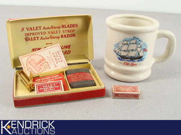 lot 8 image: Vintage Valet Auto Strop Razor in Original Box, with Old Spice Shaving Cup