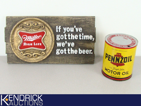 lot 45 image: Vintage Miller High Life Sign, and Vintage 1 Gallon Penzoil Can