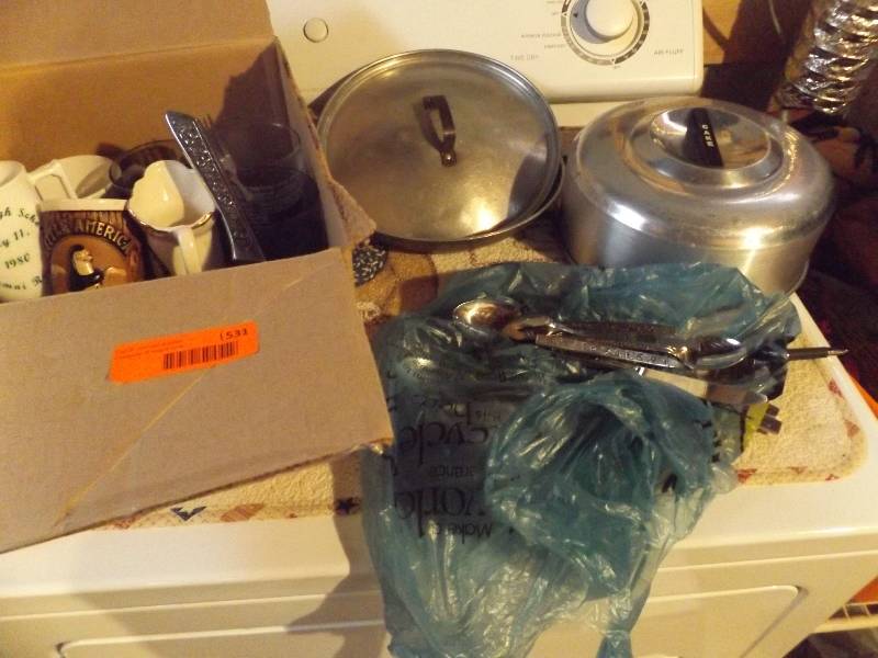 Assorted Kitchen items, silverware, glasses, pans