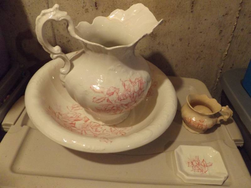 Wash Basin and Pitcher, plus a smaller pitcher with repaired crack