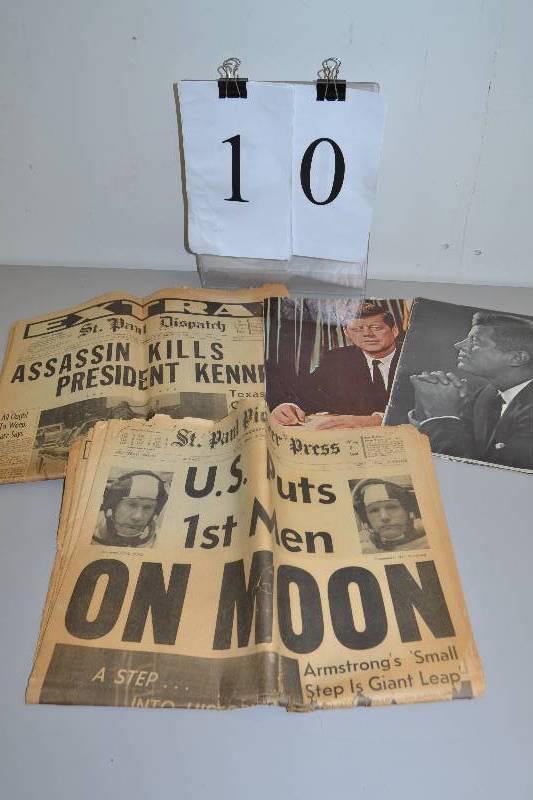 lot 10 image: Newspapers- Men on moon, Kennedy Assasination