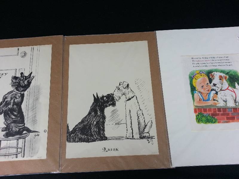 lot 38 image: (2) 1930s Zito Dog Artwork  40s Terrier Book Page