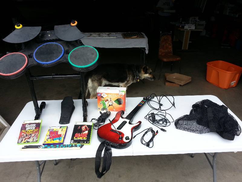 lot 171 image: XBOX 360 Guitar Hero Drum Set, Guitar, Sticks, Games