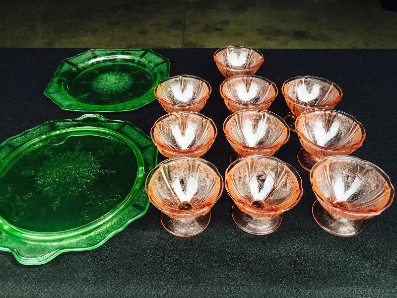 lot 17 image: Pink & Green Depression Glass