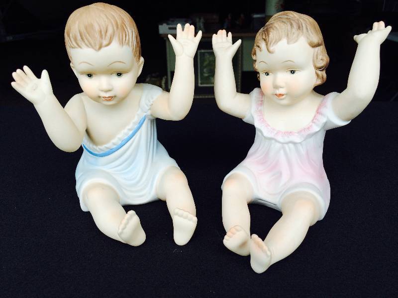 lot 20 image: Lot of (2) Hand Painted Piano Baby Bisque