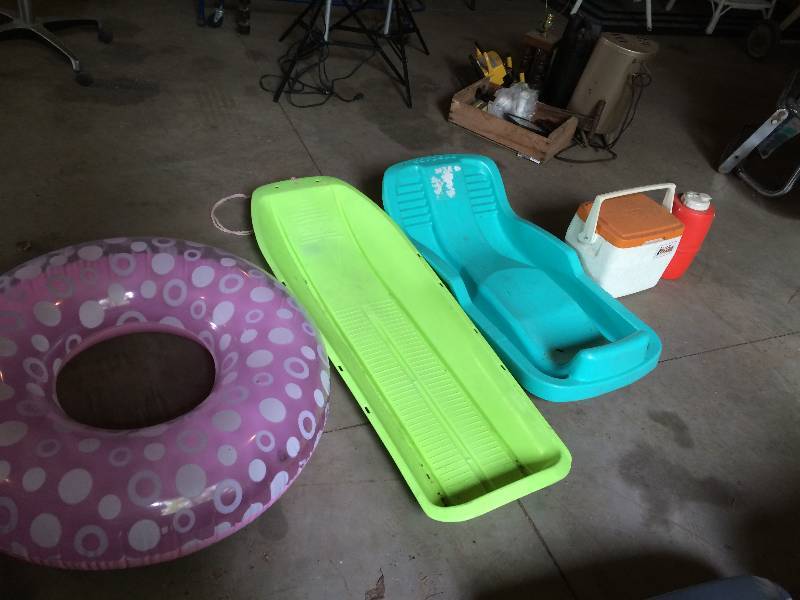 lot 157 image: Summer and Winter Fun, Coolers, Blow up Floatie, and a Sled