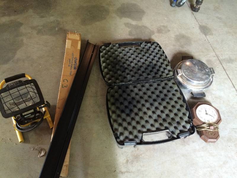 lot 153 image: Pistol Travel case, Halogen Light, Pencil Tray, Clock & Waffle Iron