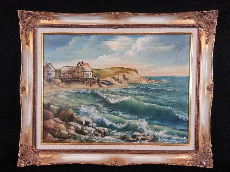lot 5 image: Vintage M. Molineaux Cottage by the Ocean Original Oil