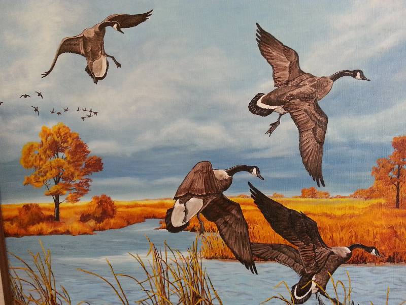 lot 93 image: Original Oil on Canvas of Geese Landing