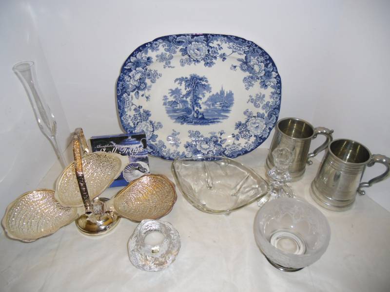 lot 16 image: Mid-Century Dining - Pair Sheffield Pewter Steins, Queen Anne Tiered Tray, Kosta Snowball Candle
